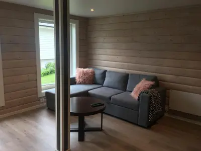 a living room with a couch and a table at Jolster sauna apartments in Skei