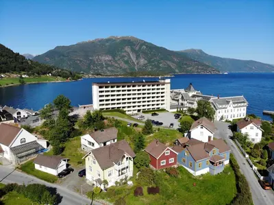 an aerial view of a town with a large building at Villa Holmen in Balestrand