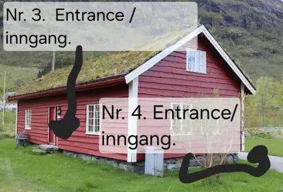 a small red house with a sign in front of it at Trollbu Aabrekk gard in Briksdalsbre
