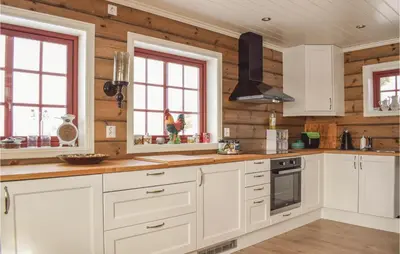 a kitchen with white cabinets and wooden walls at Cozy Home In Sjusjøen With Kitchen in Sjusjøen