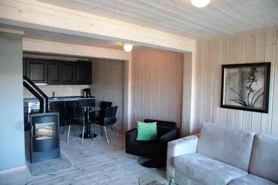 a living room with a couch and a kitchen at Haukelifjell Skisenter in Vågsli