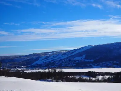 a view of a snow covered mountain range with trees at Apartment between Ustaoset and Geilo in Geilo