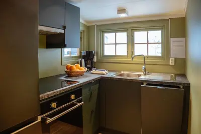 a kitchen with a sink and a bowl of oranges on the counter at Hunderfossen Cottages in Hafjell