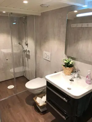 a bathroom with a toilet and a sink and a shower at Olsens Pensjonat in Veiholmen