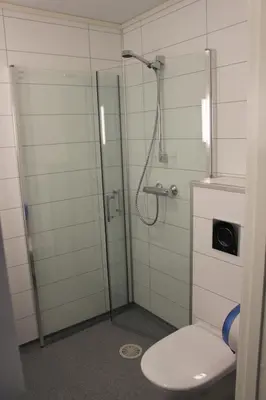 a bathroom with a glass shower with a toilet at Briksdalsbre Fjellstove in Briksdalsbre