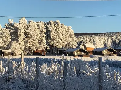 a fence in a field with trees and houses at Roste Hyttetun og Camping in Os