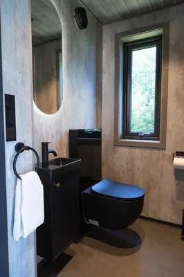 a bathroom with a toilet and a sink and a window at Hardanger Panorama Lodge in Ulvik