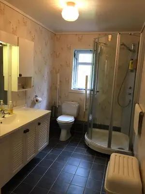 a bathroom with a shower and a toilet and a sink at Josygaard in Austefjorden