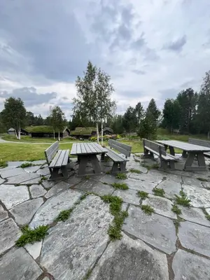 a picnic table and benches in a park at Raulandsakademiet in Rauland