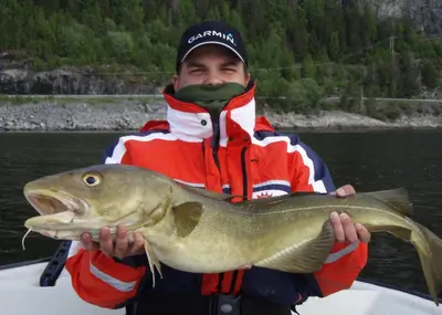 a man on a boat with a fish in his hands at Hindrum Fjordsenter in Vannvikan