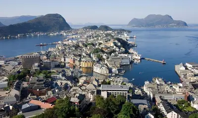 an aerial view of a town on the water at Irenegarden - Panorama apartment in Lauvstad