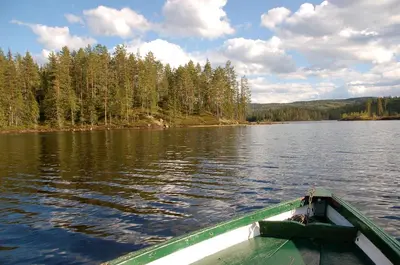 a green boat on a lake with trees at Halvorseth in Prestfoss