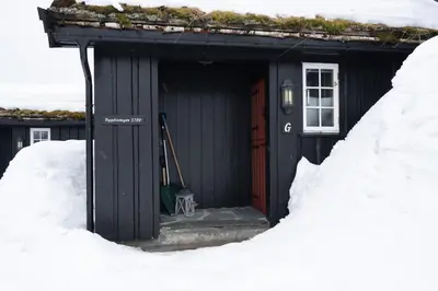a black cabin with a red door in the snow at Bitigrenda G in Beitostøl