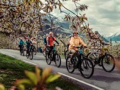 a group of people riding bikes down a road at Hotel Ullensvang in Lofthus