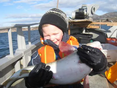 a person holding a fish on a boat at 6 person holiday home in Oksvoll in Oksvoll