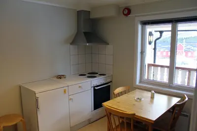 a kitchen with a stove and a table and a window at Jostedal Hotel in Jostedal