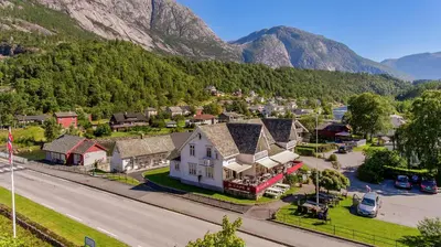 an aerial view of a small town in the mountains at Vik Pensjonat in Eidfjord