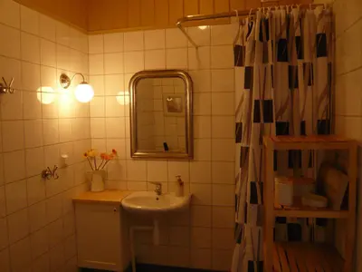 a bathroom with a sink and a mirror at Hagaled Gjestegård in Nesbyen