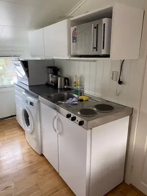 a white kitchen with a sink and a washing machine at Sandvik Garasjeloft in Vossevangen