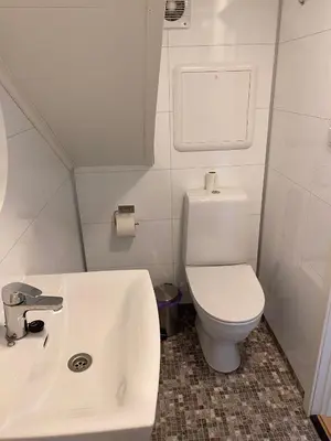 a white bathroom with a toilet and a sink at Sandvik Garasjeloft in Vossevangen