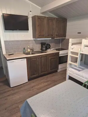 a kitchen with wooden cabinets and a sink and a microwave at Mindresunde Camping in Mindresunde