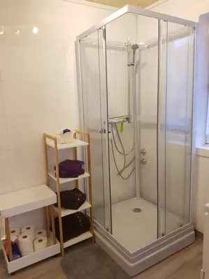 a shower with a glass enclosure in a bathroom at Lille Villa Severin in Mosterhamn