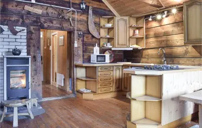 a kitchen with wooden walls and a stove at 1 Bedroom Cozy Home In Vallavik in Kaland