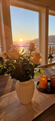 a vase filled with roses on a table with candles at Frydenlund in Balestrand
