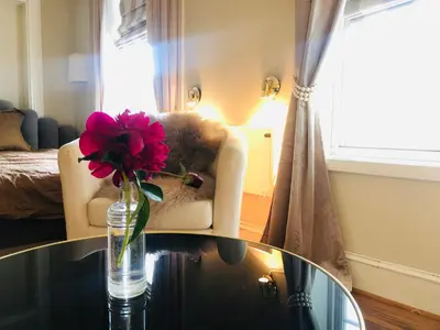 a living room with a glass table with a vase with a red flower at Grønset Skysstasjon in Vinjeøra