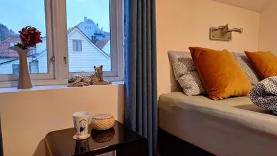 a living room with a couch and a window at Penthouse with perfect location and spectacular view in Bergen