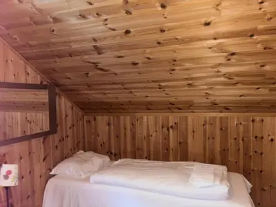 a room with a bed in a wooden wall at Winjum Apartments Aurland Stegastein in Aurland