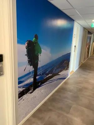 a man on skis on a mountain in a wall mural at Husnes Sentrum Hotell in Husnes