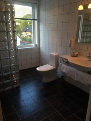 a bathroom with a toilet and a sink and a window at Nordfjord Hotell - Bryggen in Nordfjordeid