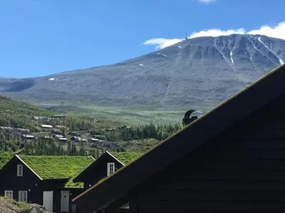 a roof of a house with a mountain in the background at Kilen Lodge in Gaustablikk