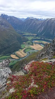 a view of a valley from the top of a mountain at Østigård 1810 in Åndalsnes