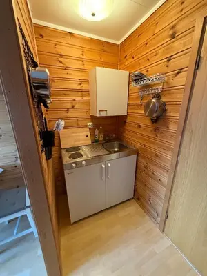 a small kitchen with a sink in a wooden wall at Studio Apartment in Haukedalen in Førde