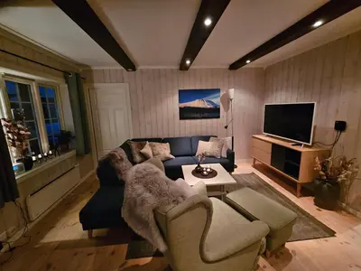 a living room with a couch and a tv at Leilighet Gaustablikk in Rjukan