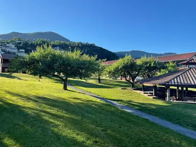 a grassy field with trees and a pavilion at Sogndal Bed & Breakfast in Sogndal