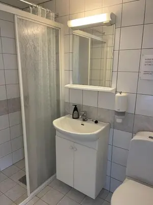 a bathroom with a sink and a shower and a toilet at Sogndal Bed & Breakfast in Sogndal