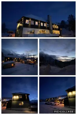 four different pictures of a building at night at BUDGET Kvamseter Lodge in Eikedalen