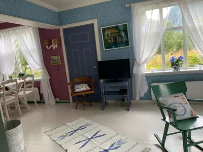 a living room with a tv and a table and windows at Aobrio Holidayhouse, authentic norwegian farmhouse close to Flåm in Lærdalsøyri