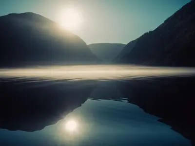 a reflection of the sun in the water with mountains at Holiday Home Frigg by Interhome in Arnefjord