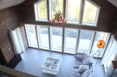 an overhead view of a living room with a chandelier at Lillebjørn in Trysil