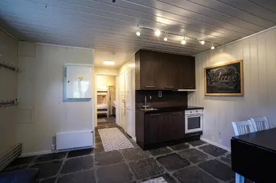 a kitchen with wooden cabinets and a counter top at Røde Kors ground floor in Brunstad