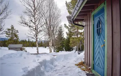a house with a blue door covered in snow at Nice Home In Gol With Kitchen in Gol