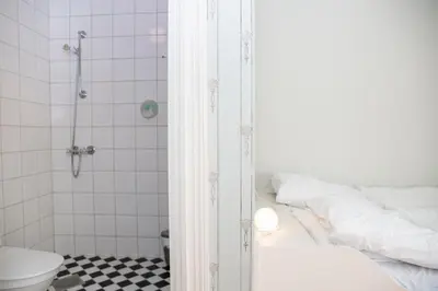 a bathroom with a shower and a bed and a toilet at Skjerjehamn in Ånneland