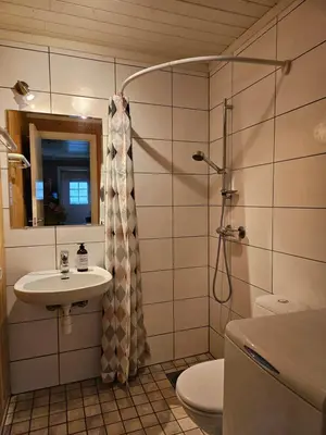 a bathroom with a sink and a shower and a toilet at Valdres Naturlegvis in Fagernes