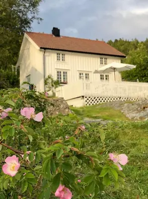 a white house with a white fence and pink flowers at Pålberget in Råkvåg