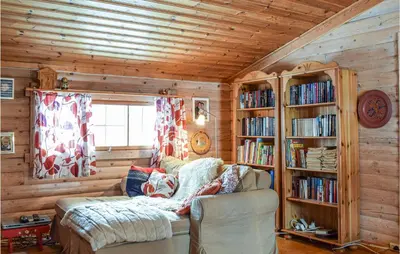 a living room with a couch and book shelves at Cozy Home In Rauland With Wifi in Rauland