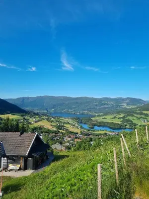 a view of a village and a river from a hill at New and Exclusive Cottage in Voss with a great view in Skulestadmo